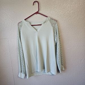 Womens Sz Large Mint Green Waffle Knit Top Lace Sleeve Casual Lightweight DD685